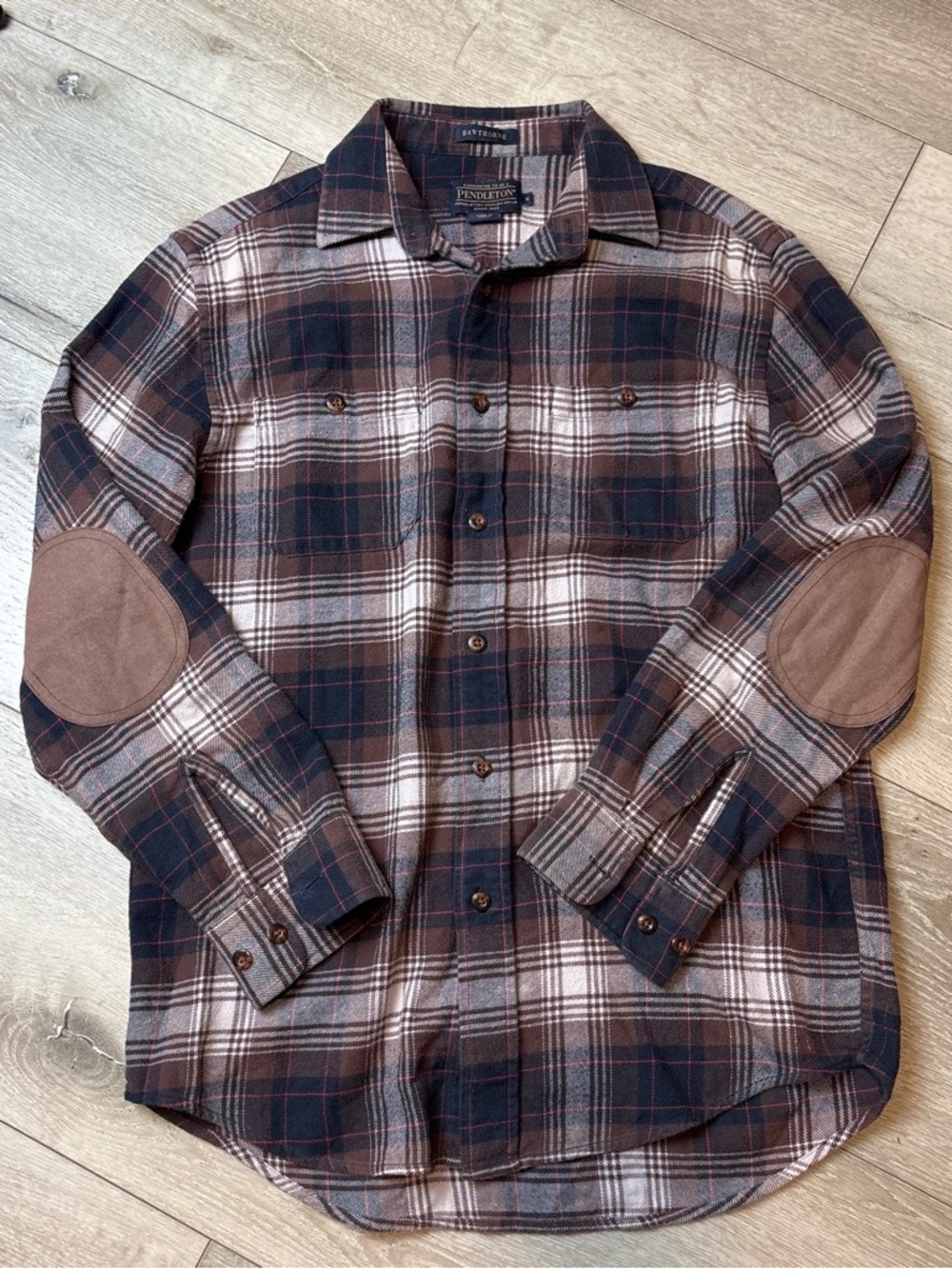 Pendleton Men's Brown Plaid Button-Up Shirt with Elbow Patches